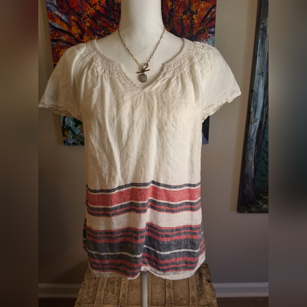 Talbots White and Red Smocked Short Sleeve Blouse